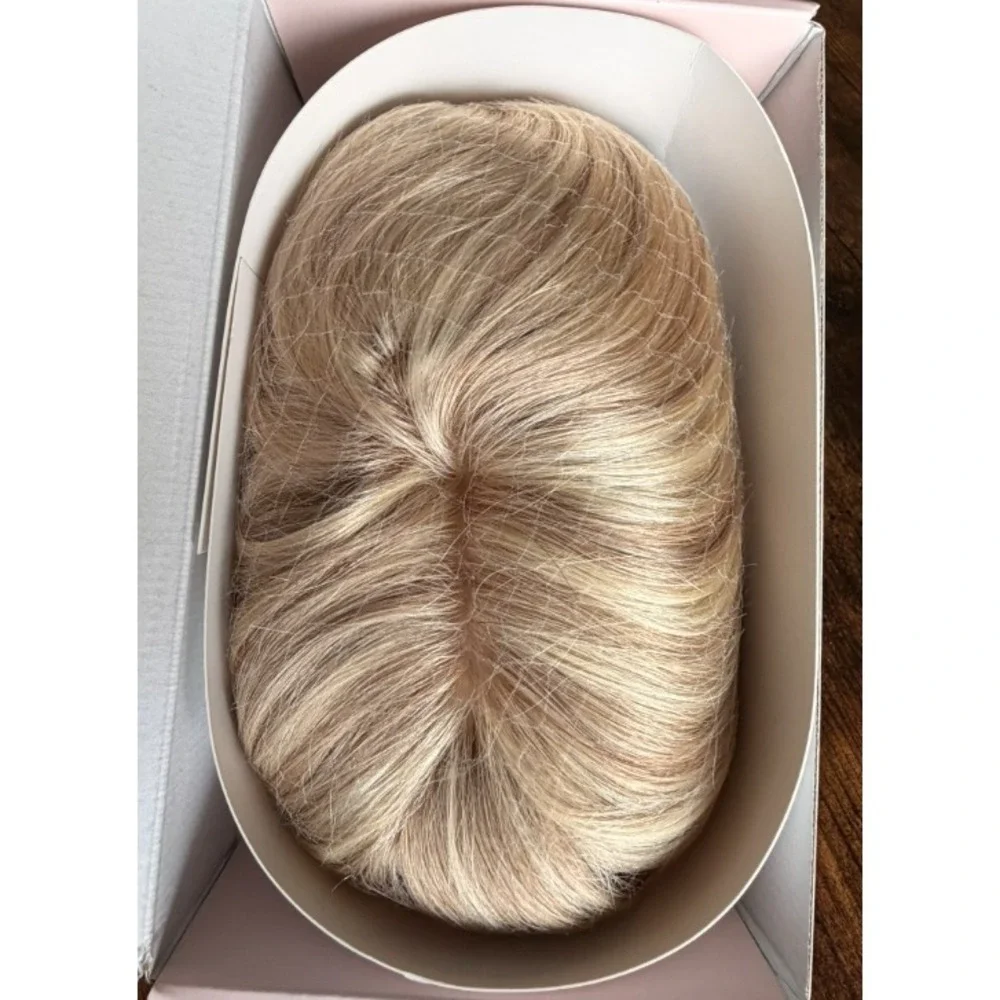 SEGO Human Hair Topper with Bangs 6in Ash Blonde Bleach Silk Base Remy Hairpiece